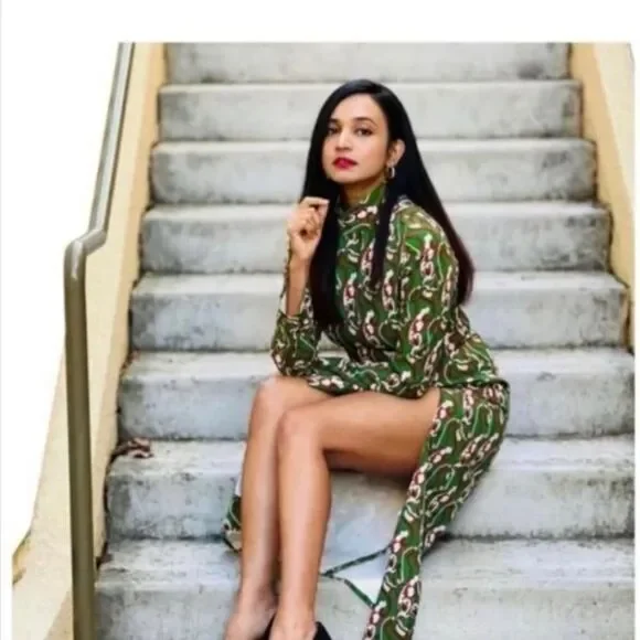 NWT Blogger Fav ZARA Retro PRINTED MIDI DRESS GREEN Sz M - Picture 4 of 12